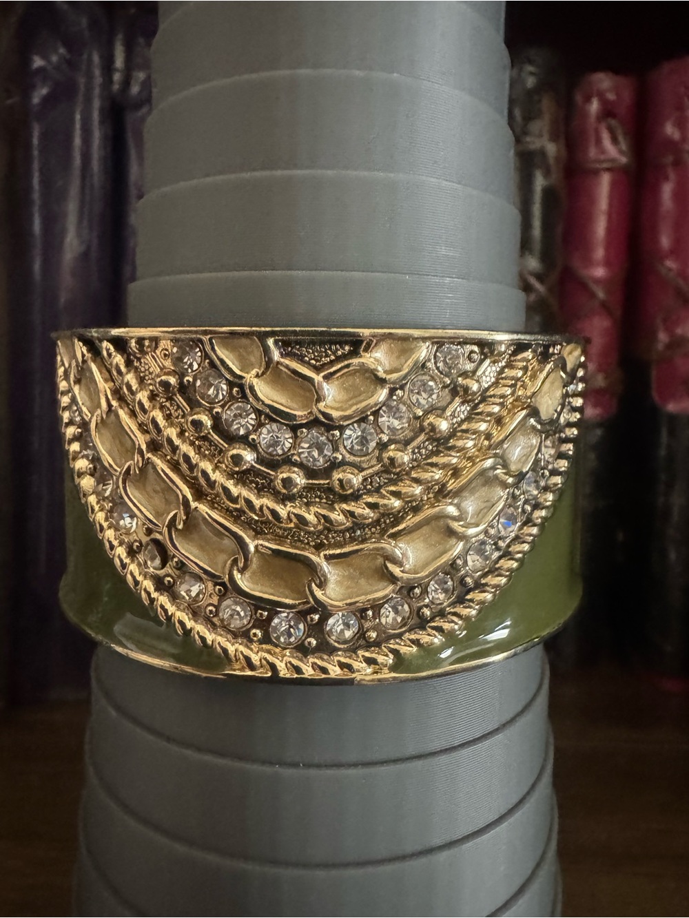 Gold-Tone Green Resin Cuff Bracelet with Crystal Accents
